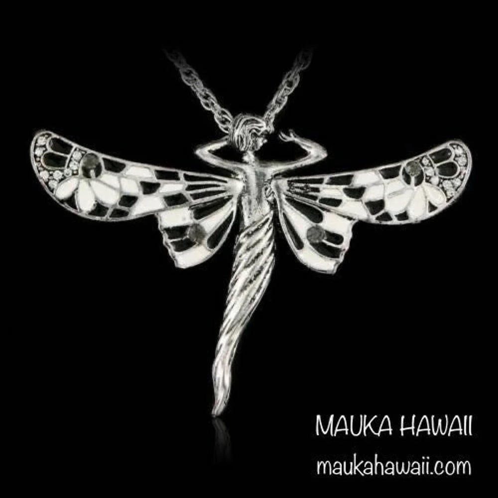 Enamel Black & White Stained Glass Wings Sprite Butterfly Pendant 18in Chain